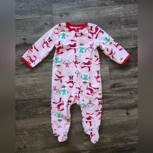 Carter's 6 Month Fleece Pink Holiday Santa Snowman Pajama Bodysuit